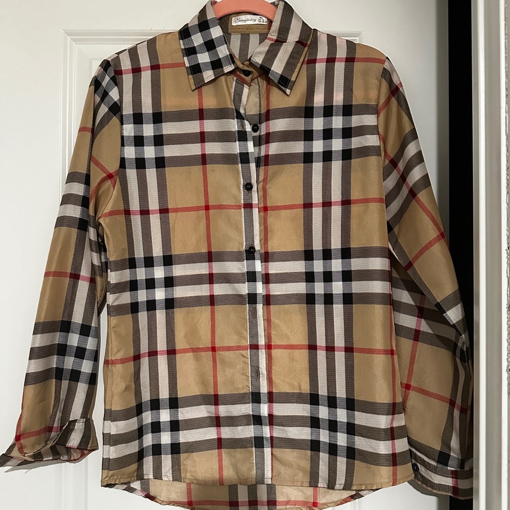 Satiny, plaid button down blouse.